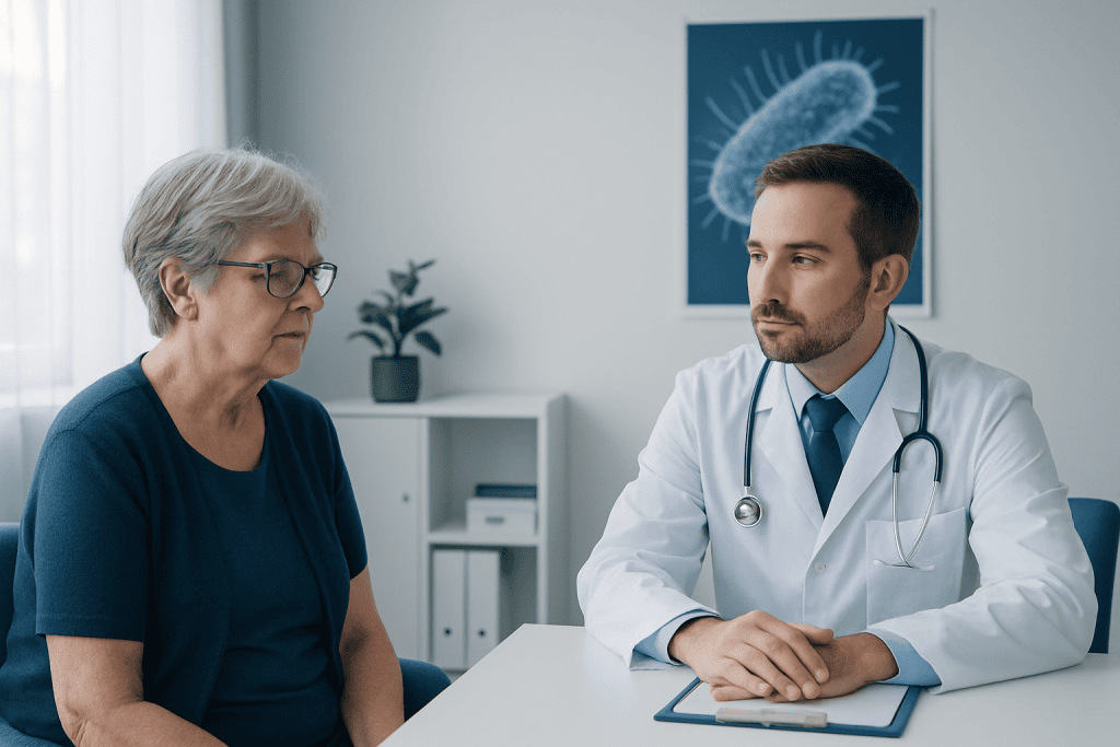 Doctor consulting with an elderly woman in a medical office.