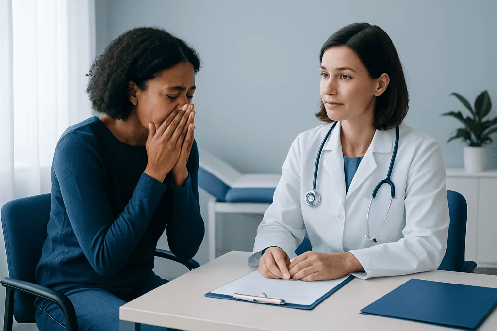Patient distressed during consultation with doctor about bacterial infection.