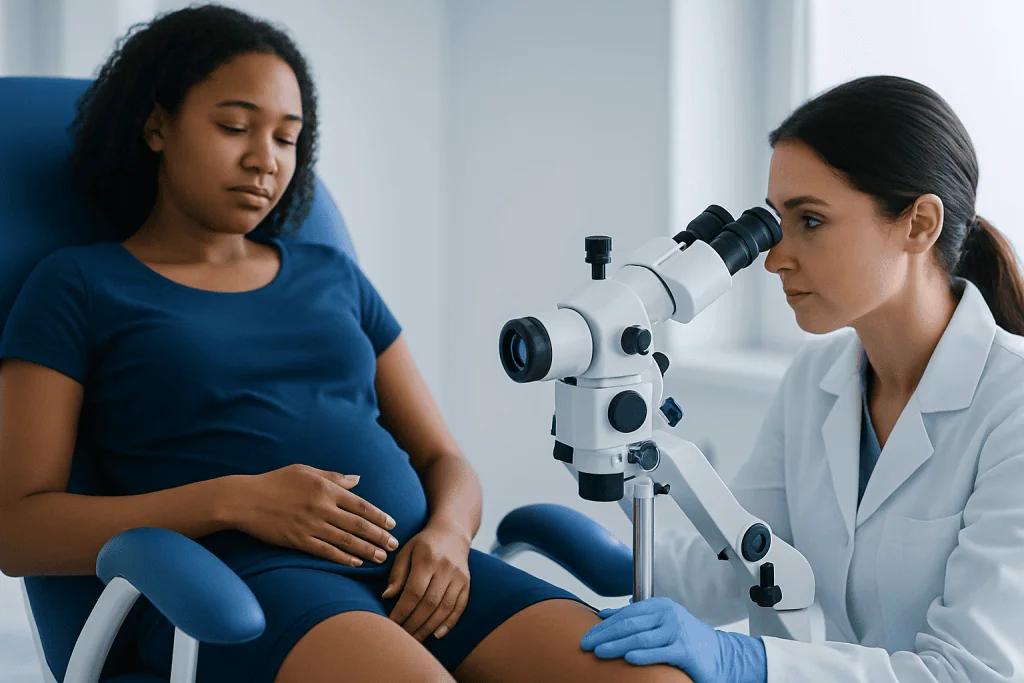 Doctor examining a young girl with a microscope in a medical clinic.