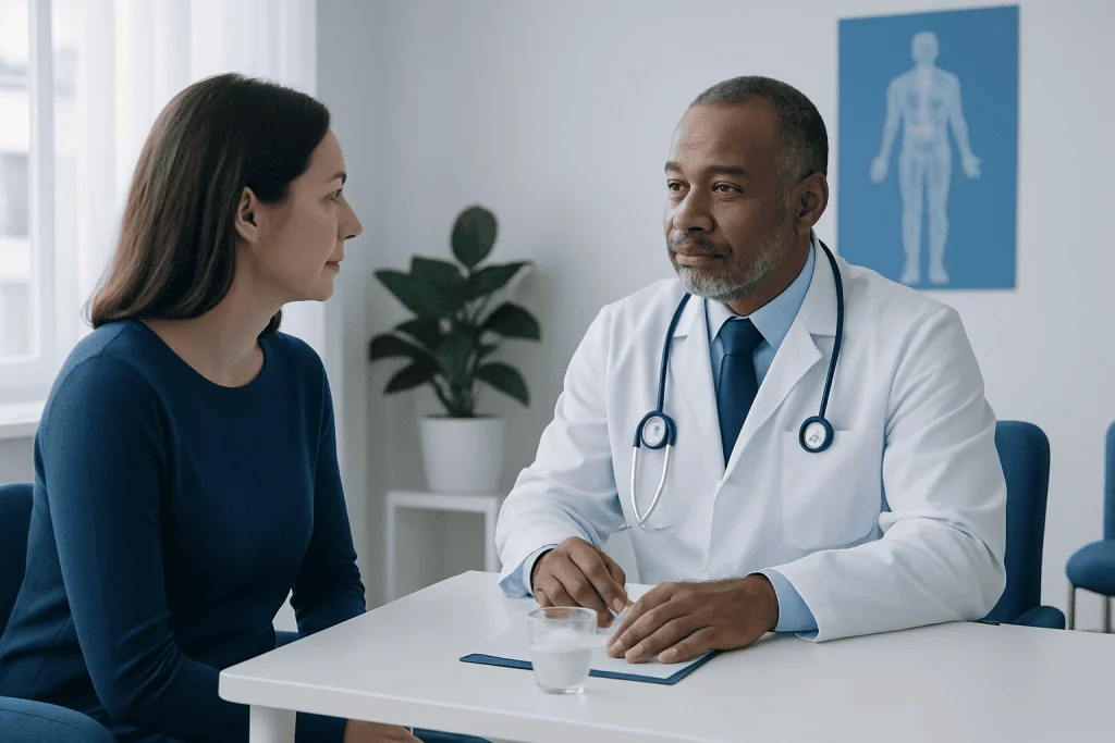 Doctor consulting with a female patient in a medical office setting.