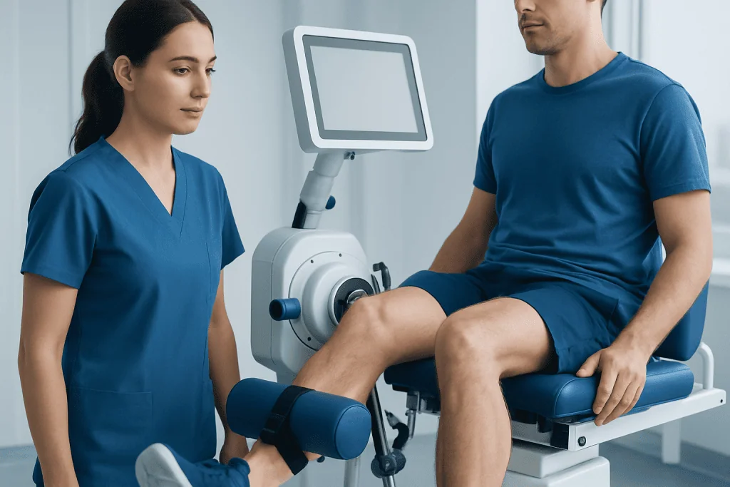 Medical professional using advanced equipment for patient assessment at Acibadem Hospital.