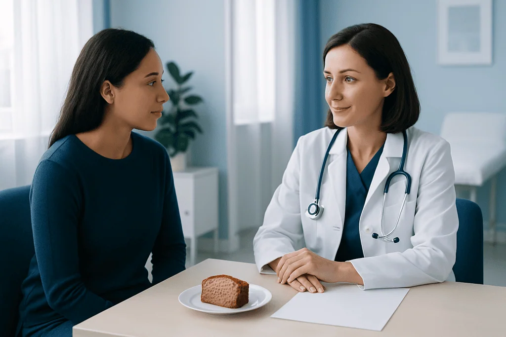 Doctor discussing health with patient in a clinic setting.
