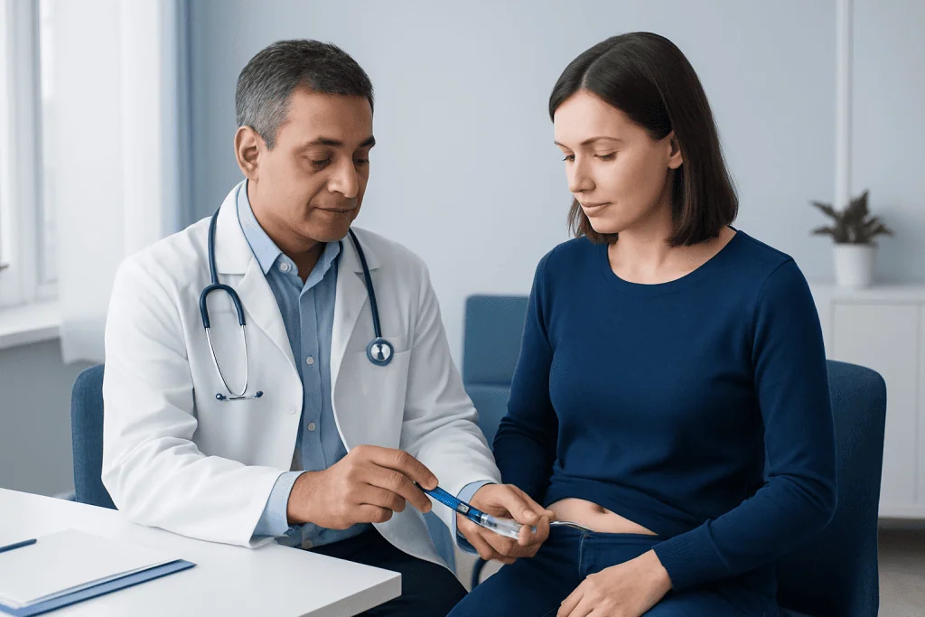 Doctor explaining medication to a female patient in a clinic setting.