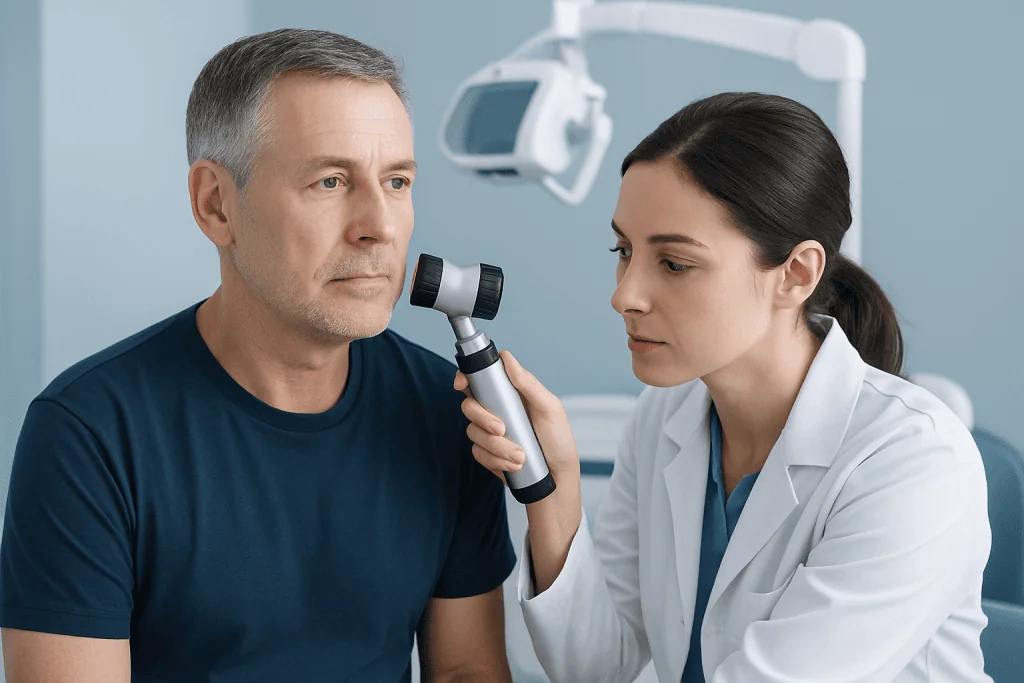 Dermatologist examining patient's skin with a dermatoscope in a clinical setting.