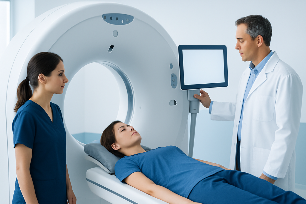 Patient undergoing MRI scan at Acibadem Hospital with medical staff present.