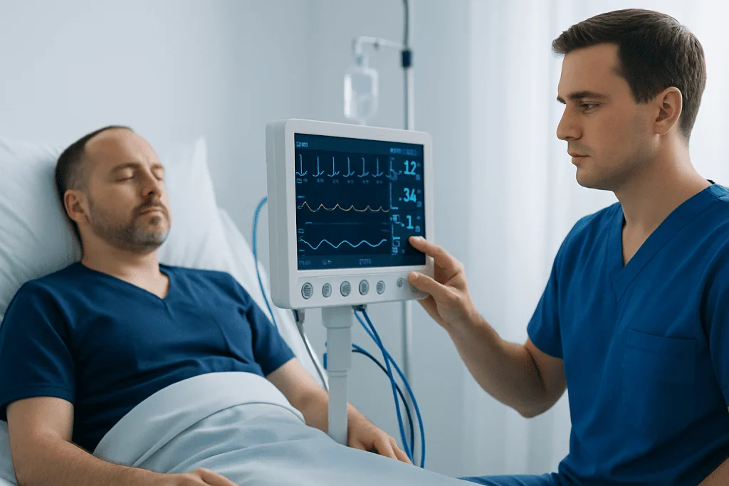 Hospital staff monitoring patient with medical equipment in a hospital room.