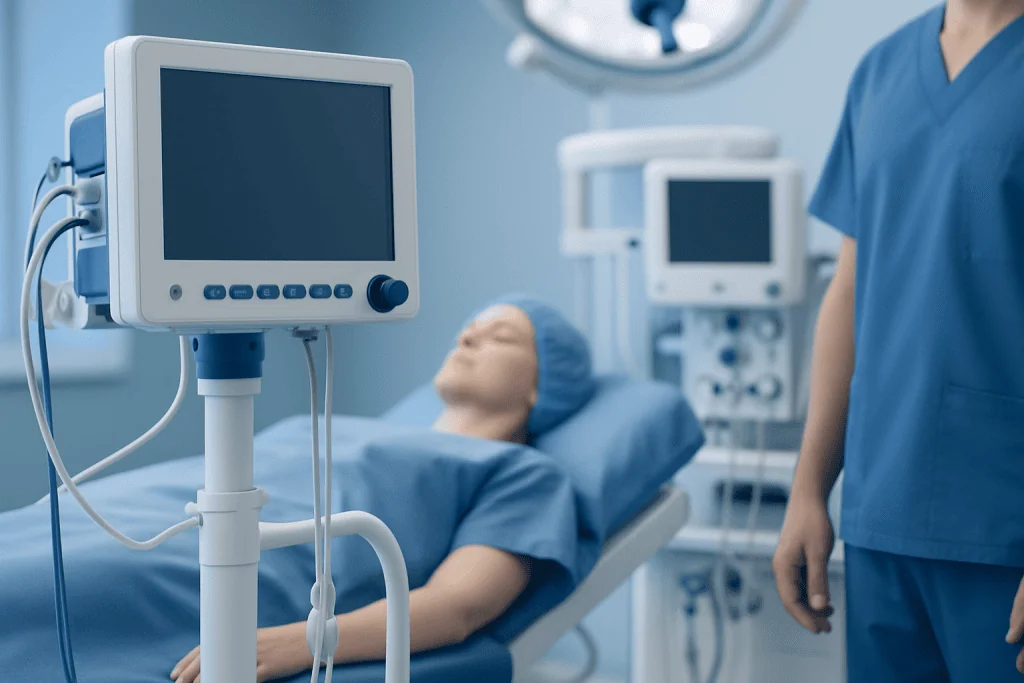 Hospital patient monitor in a medical setting with a patient on the bed.