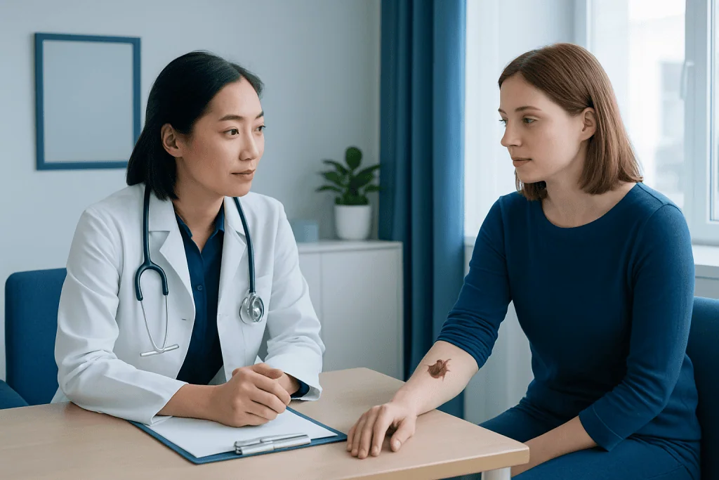 Doctor examining patient's arm with a mole or skin lesion.