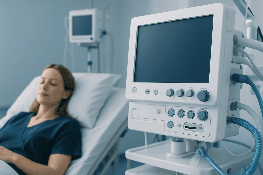 Patient in hospital bed with medical monitor in a clinical setting.
