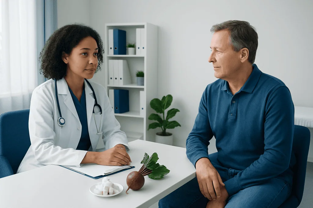 Doctor consulting with a patient about beetroot and sugar health effects.