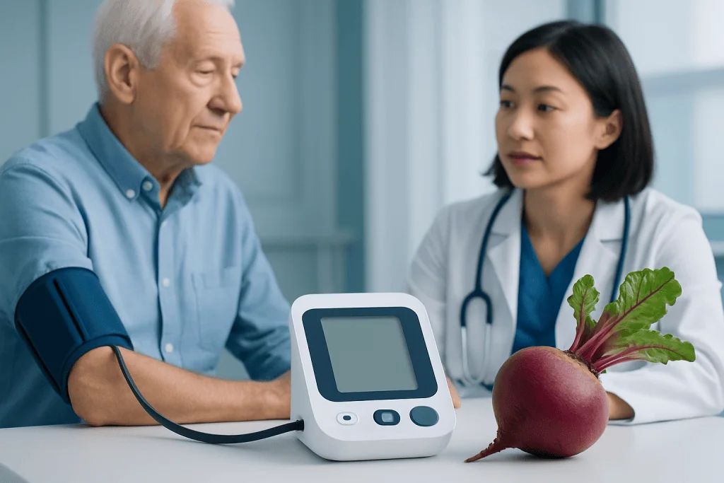 Doctor measuring blood pressure of elderly patient with beetroot nearby.