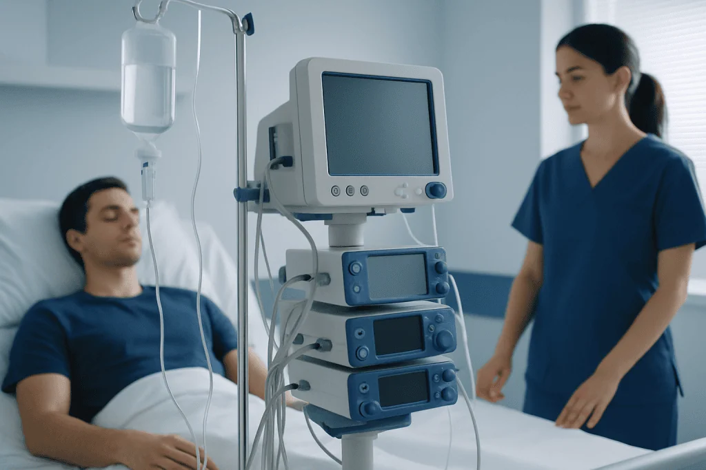 Patient in hospital bed connected to medical monitoring equipment.