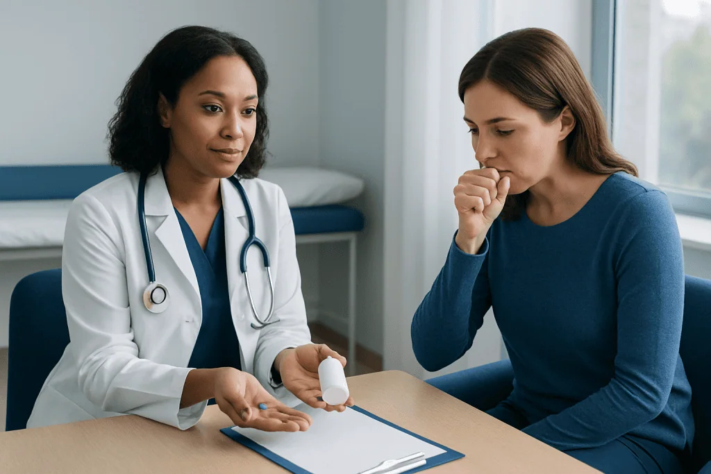 Doctor explaining medication to a patient in a clinical setting.
