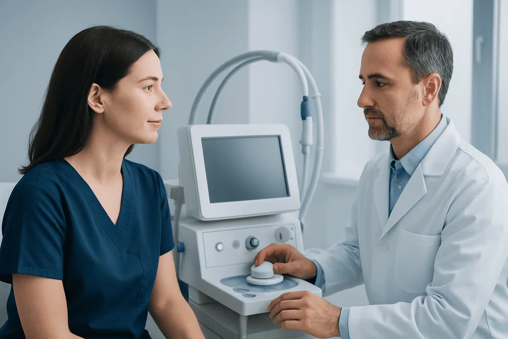 Doctor consulting with a patient in a medical clinic setting.
