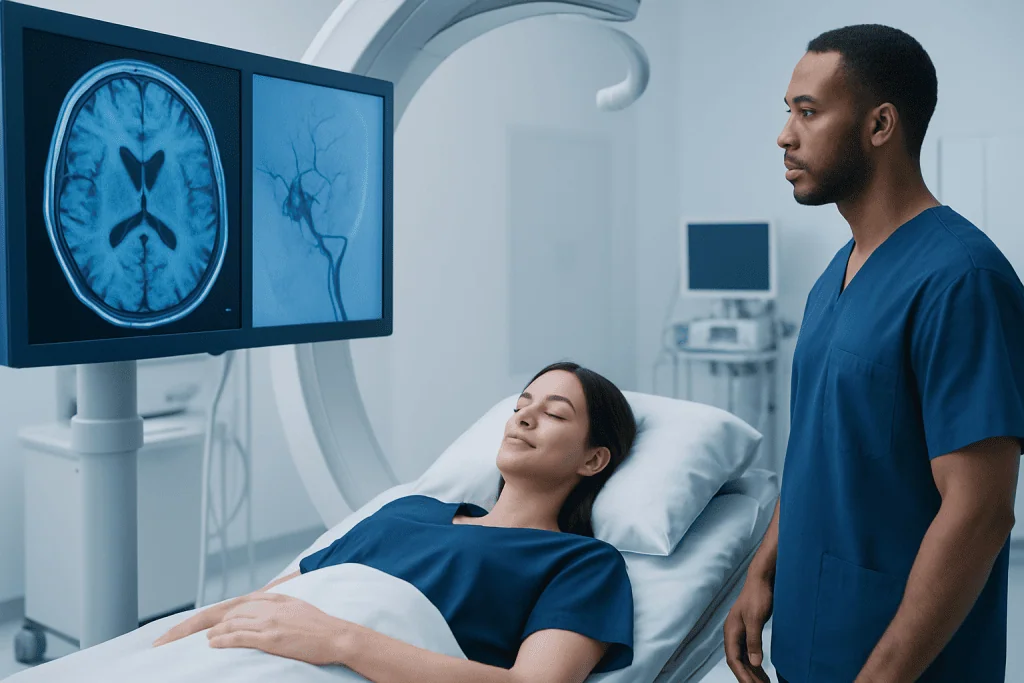 Patient undergoing brain scan in a medical facility with doctor present.