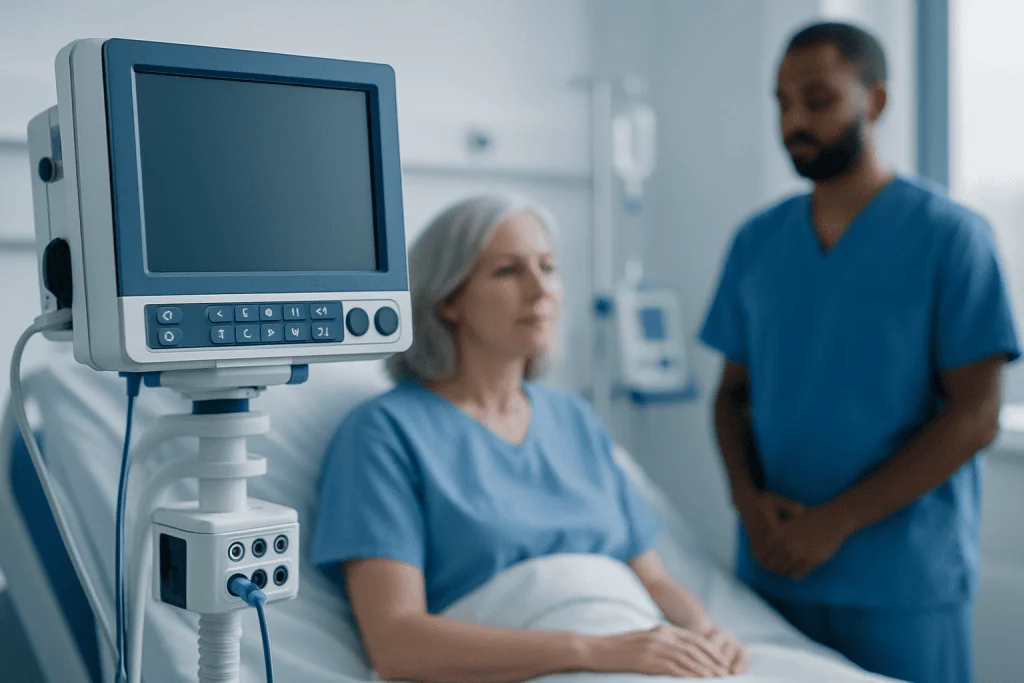 Hospital patient with medical monitor and healthcare professional in background.
