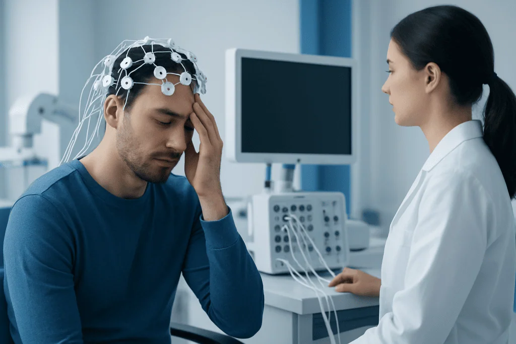 Young man with EEG cap during neurological examination at Acibadem Hospital.