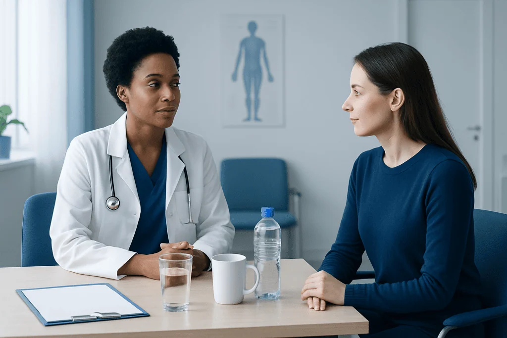 Doctor consulting with patient in a medical office setting.