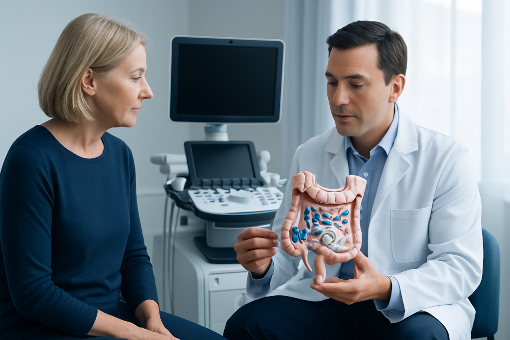 Doctor explains gut health with model to patient in clinic setting.
