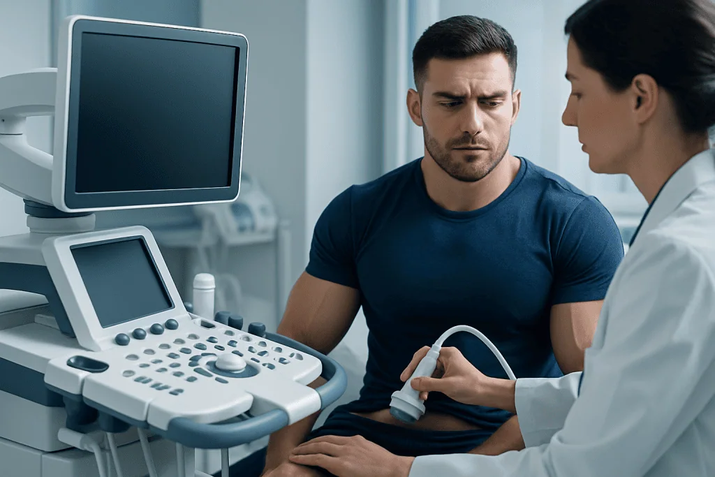 Male patient undergoing an ultrasound examination at a hospital.