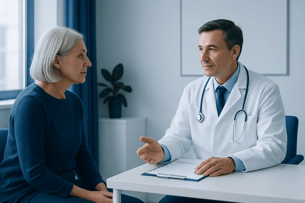 Doctor consulting with an elderly female patient in a medical office.