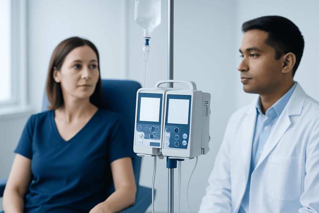 Doctor and patient in consultation with IV therapy in hospital.