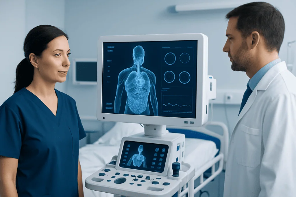 Medical professionals reviewing a 3D human body scan on a monitor.