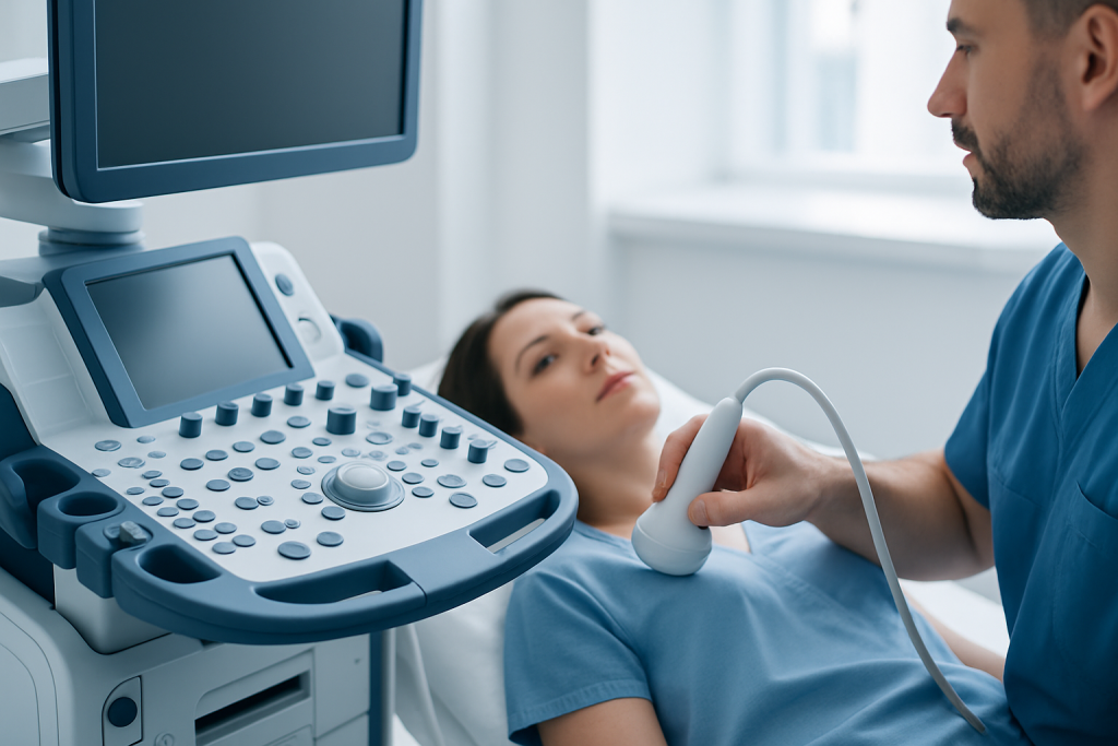 Medical professional performing an ultrasound on a patient in a hospital room.