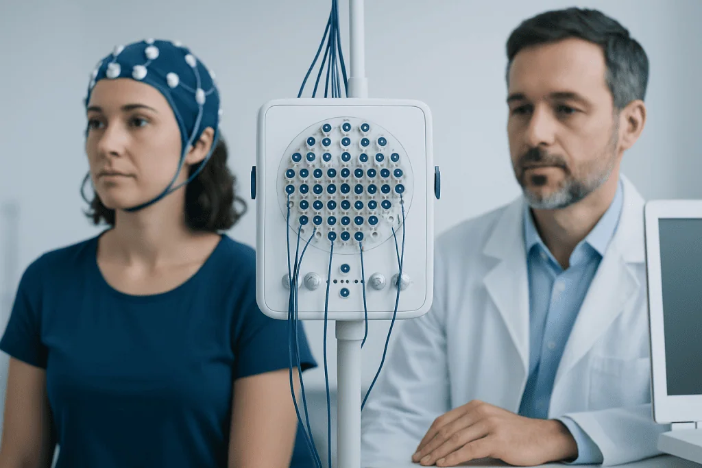 Patient undergoing EEG test for bipolar disorder diagnosis at Acibadem Hospital.