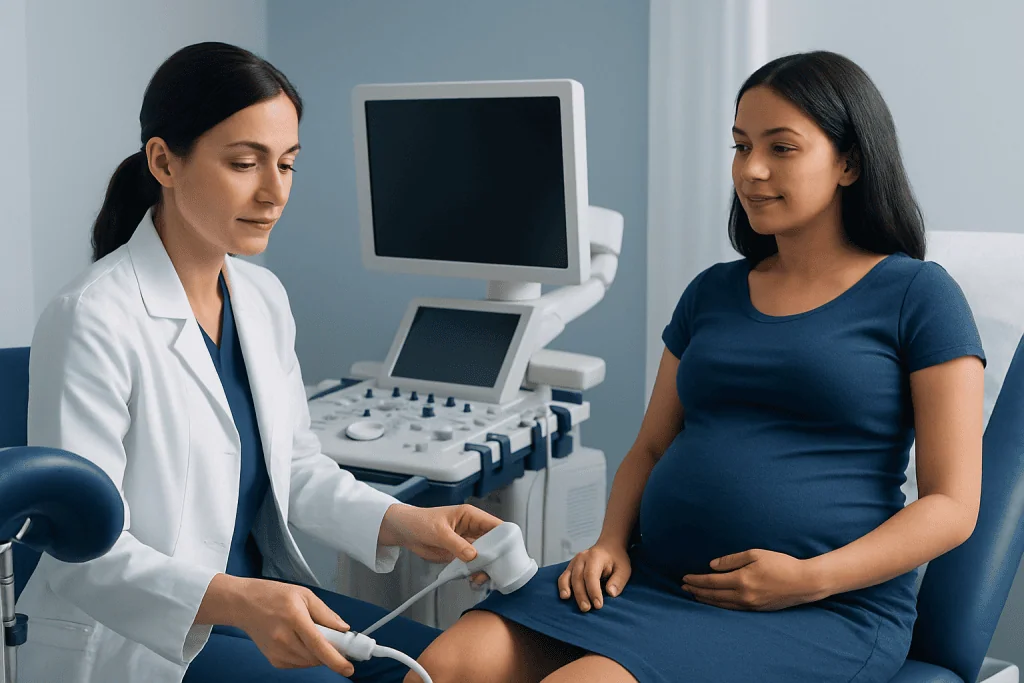 Pregnant woman at a medical checkup with a healthcare professional.
