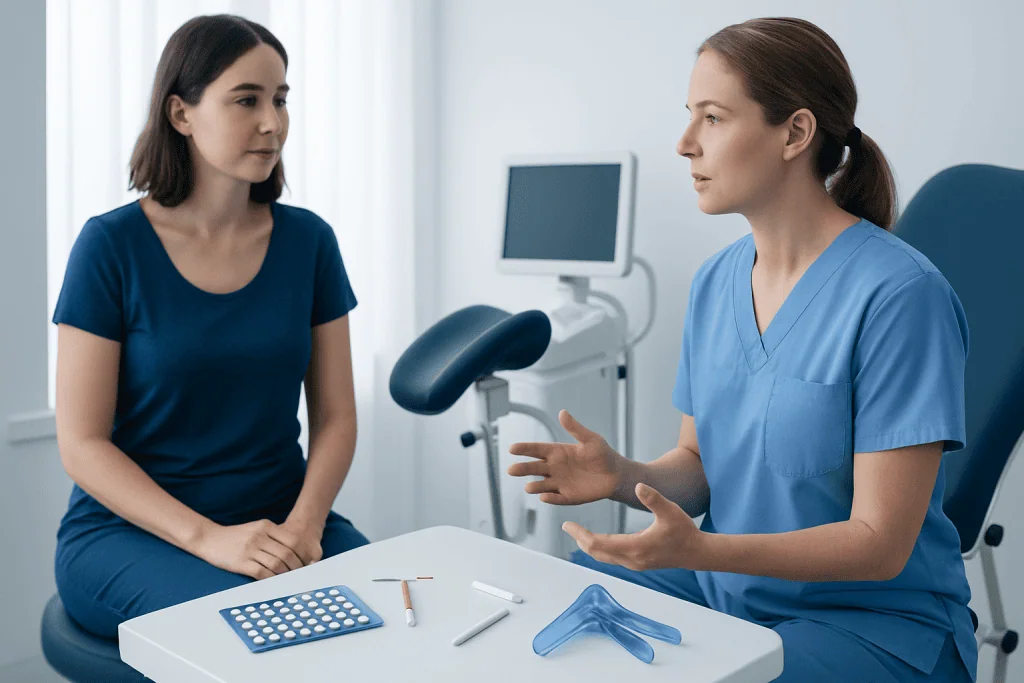 Doctor discussing birth control options with a patient in a clinic setting.