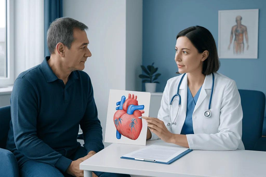 Doctor explains heart anatomy to patient in a consultation room.