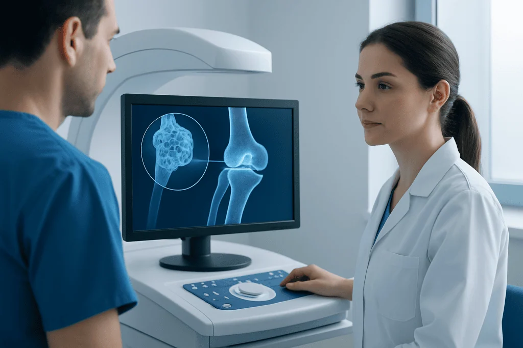 Doctor explains bone scan results to patient in a medical clinic.