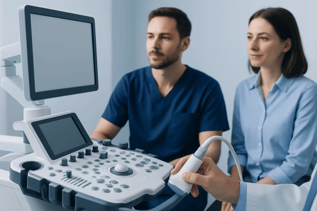 Medical professionals performing an ultrasound examination in a clinical setting.