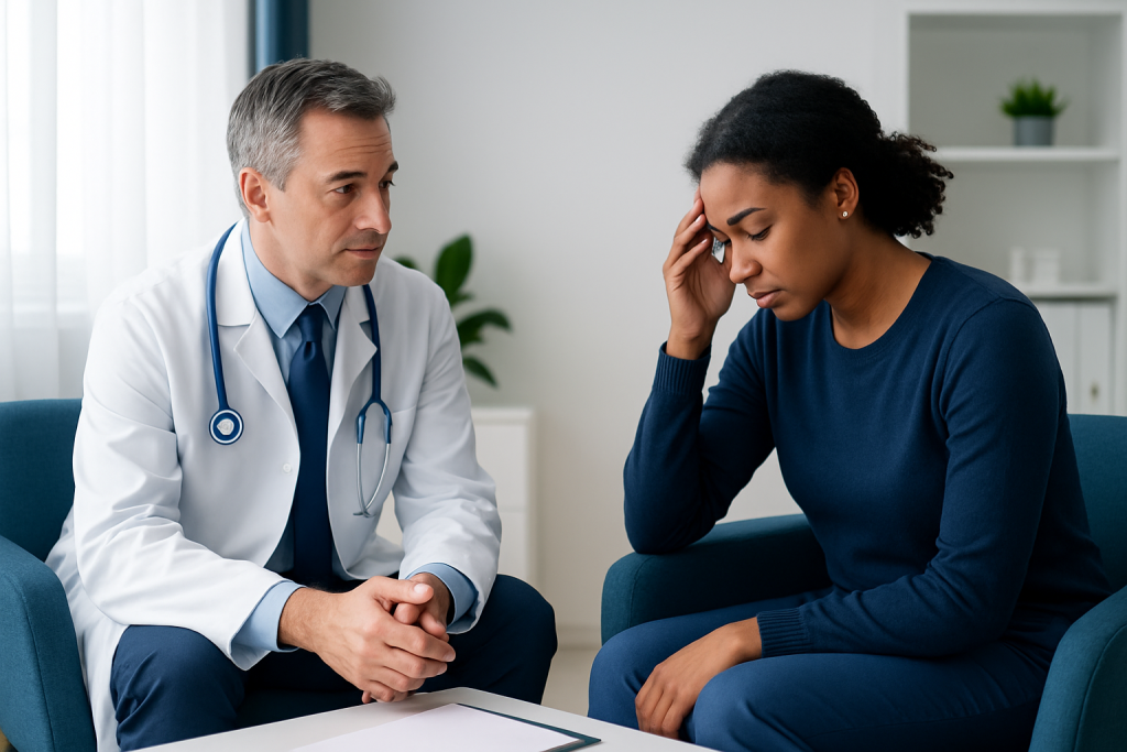 Doctor consulting with a patient about mental health concerns.
