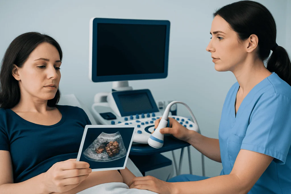 Medical professional showing ultrasound image to patient in hospital.