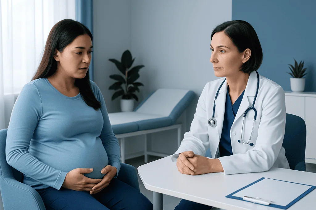 Pregnant woman consulting with a doctor in a medical office.