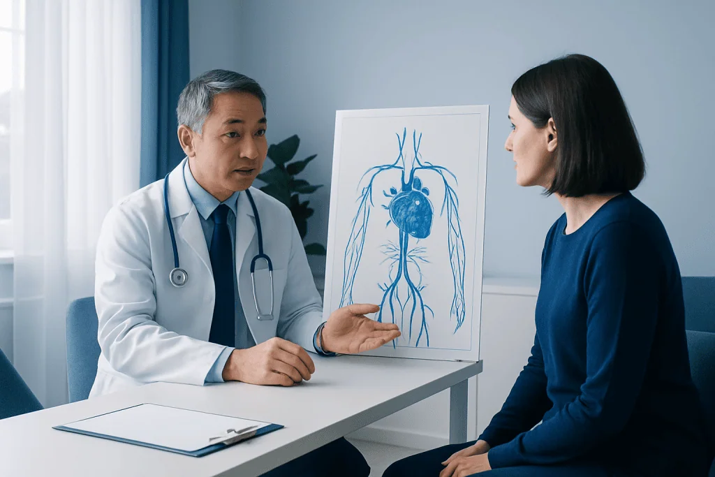 Doctor explaining cardiovascular system to patient with diagram.