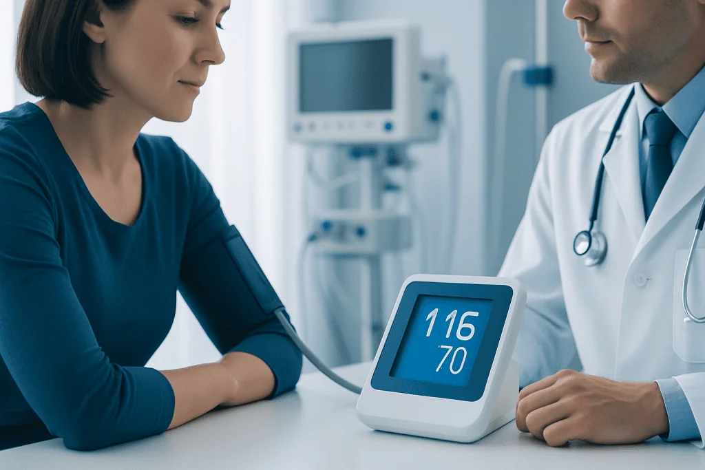 Medical professional measuring blood pressure of a woman in clinic.