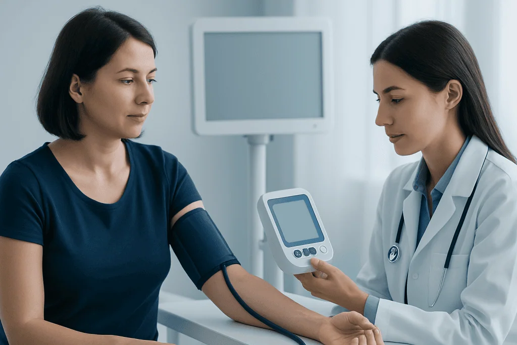 Medical professional measuring blood pressure of a woman patient in clinic.
