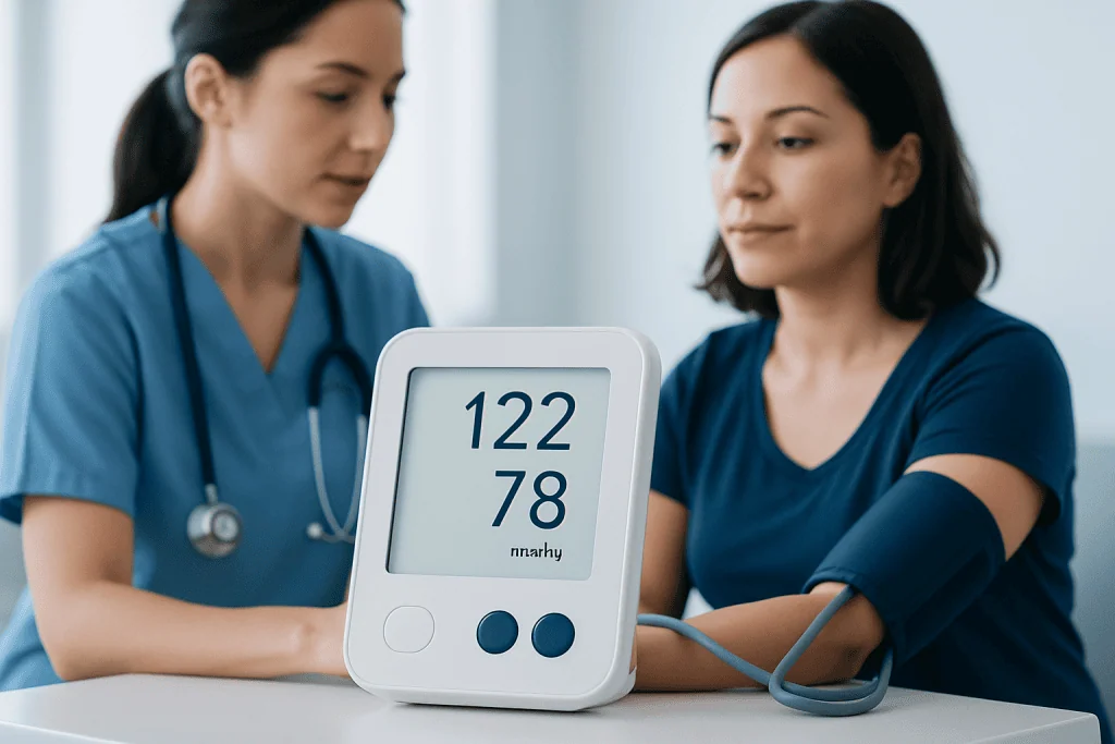 Healthcare professional measuring blood pressure of a woman with digital monitor.