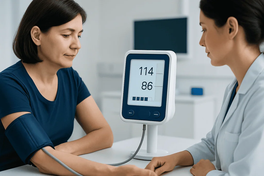 Woman's blood pressure measured with digital monitor in clinic.