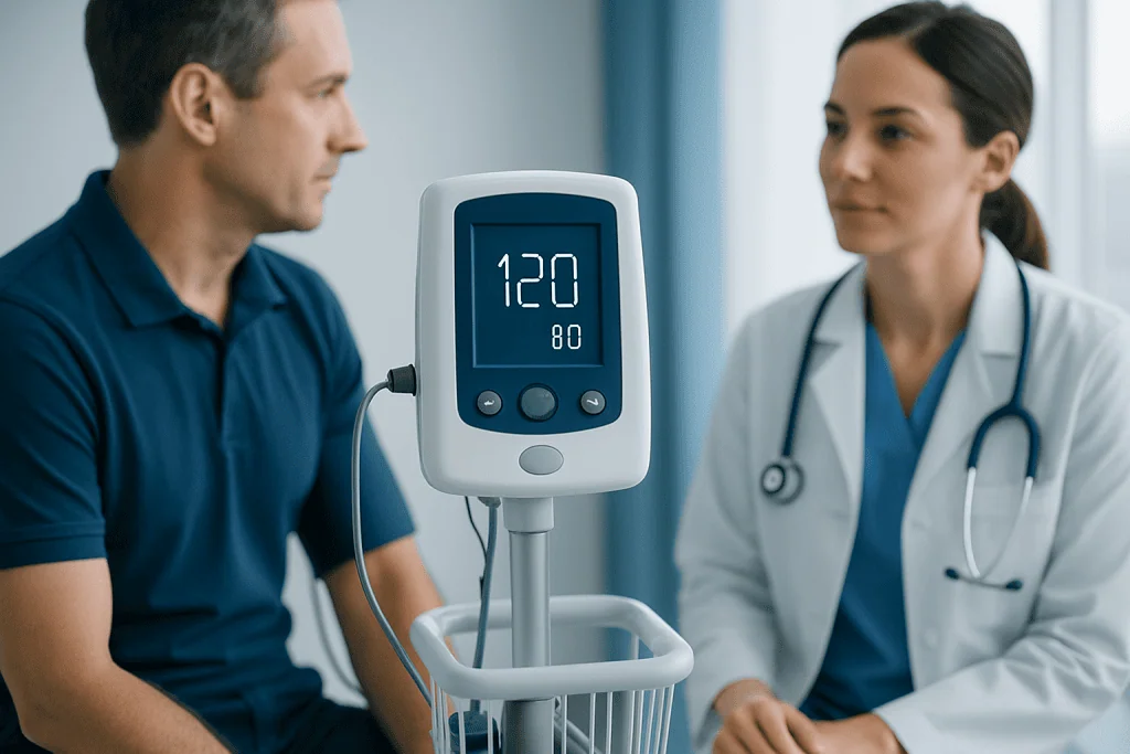 Patient's blood pressure reading 120/80 on digital monitor in clinic.