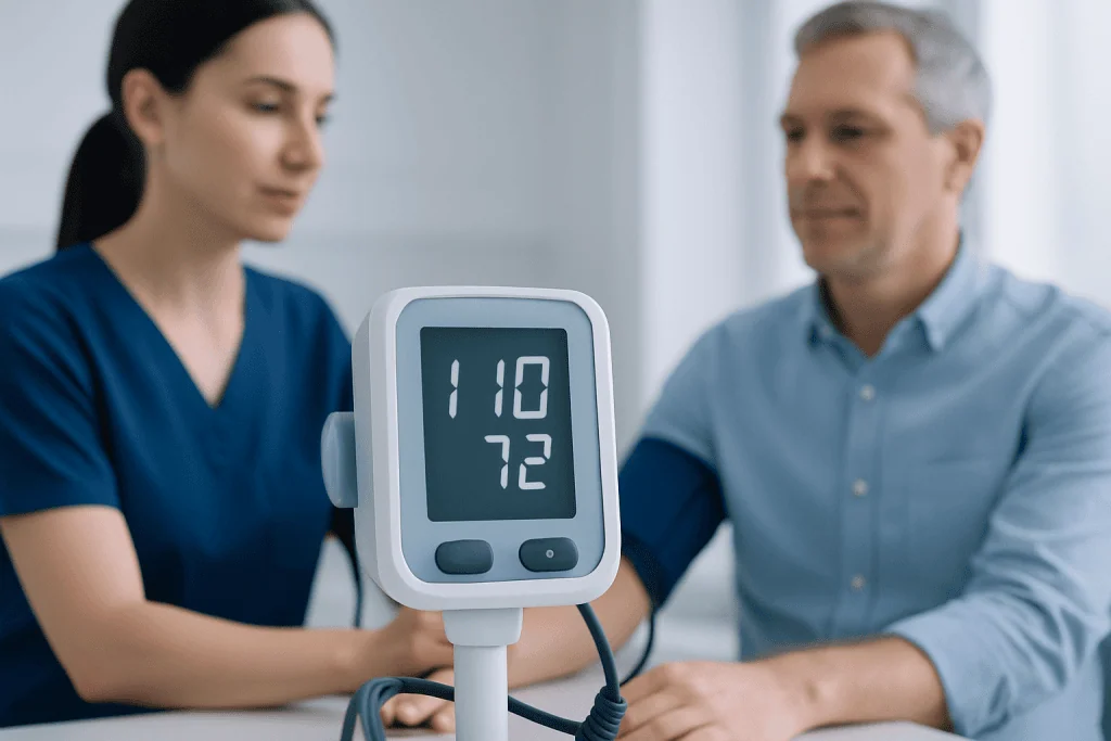 Blood pressure monitor reading 110/72 at a healthcare appointment.