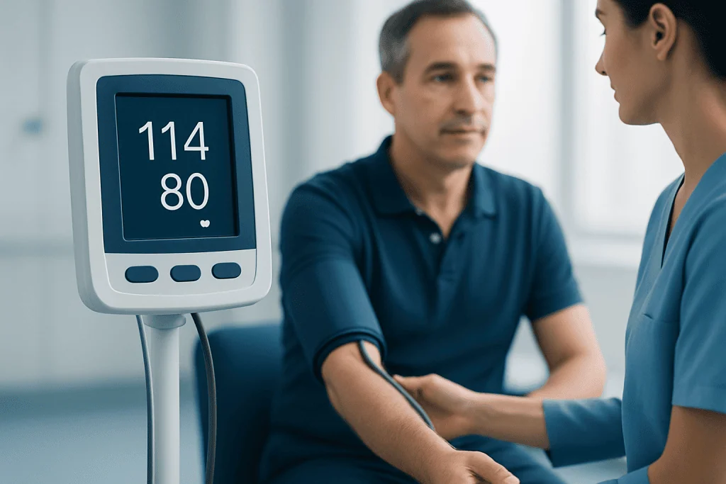Patient's blood pressure reading 114/80 during a medical checkup.