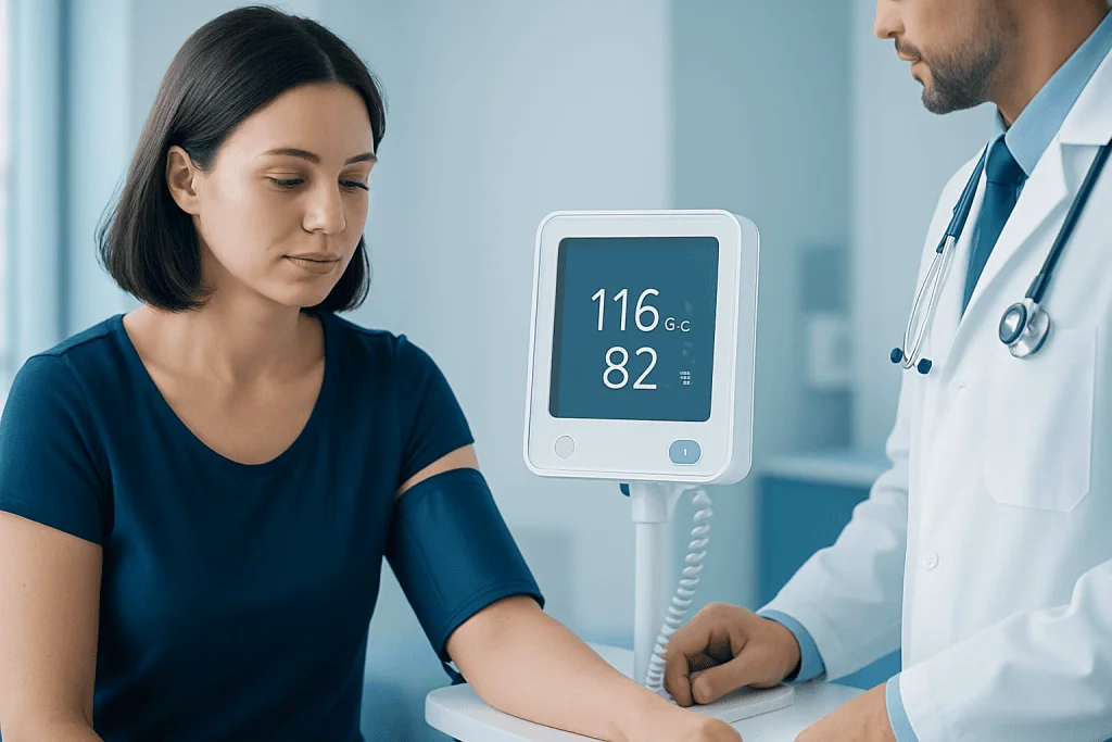 Medical professional measuring blood pressure of a woman in a clinical setting.