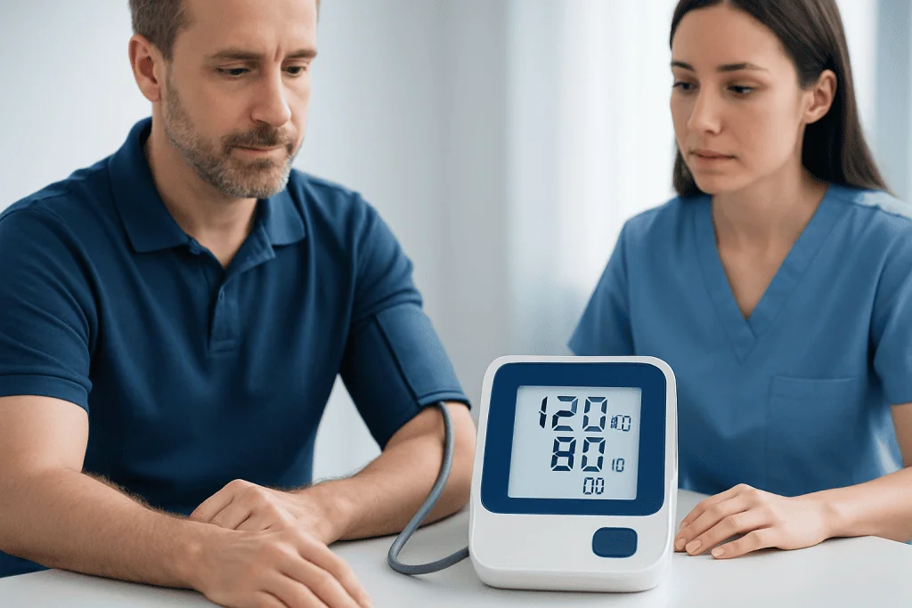Man and woman measuring blood pressure with monitor in clinic.