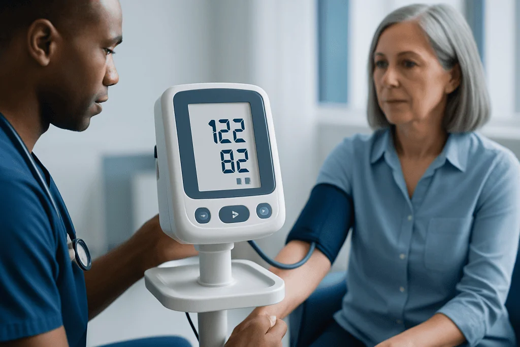 Healthcare professional measuring blood pressure of a senior woman.