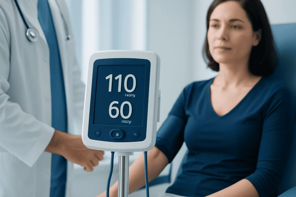Woman having her blood pressure measured with digital monitor at hospital.