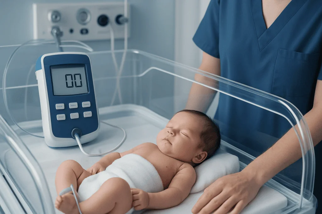 Newborn baby in hospital bassinet with glucose monitor for health check.